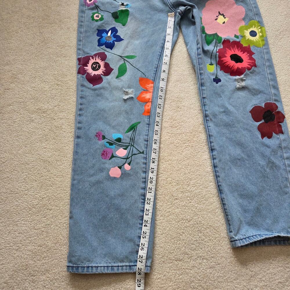 Misslook XL Distressed Denim Floral Painted Artsy Hippie Boho Straight Leg Jeans - Picture 7 of 11